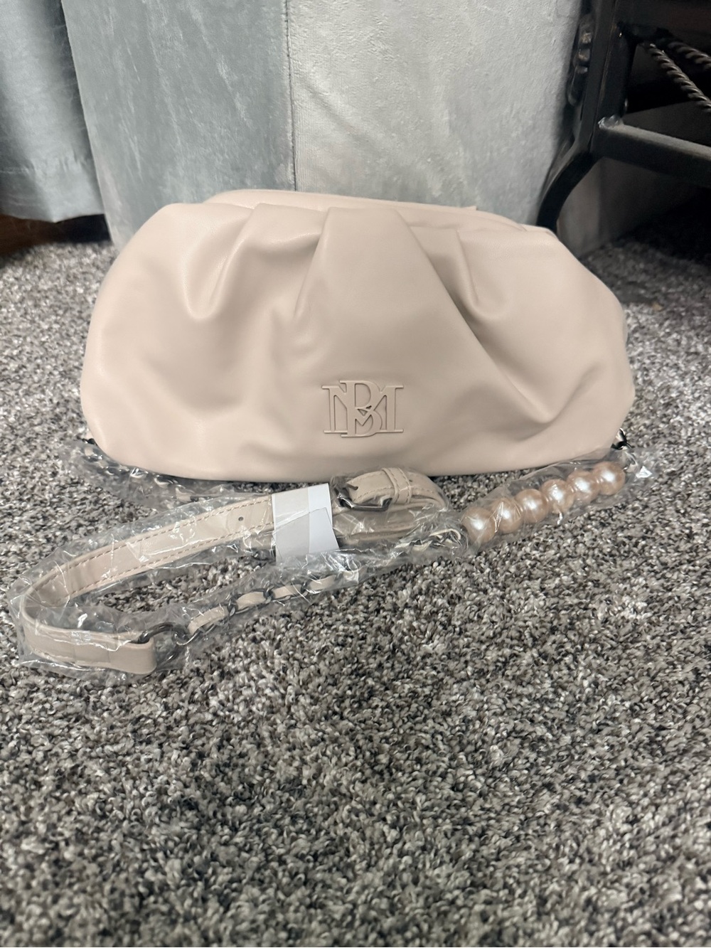 Off-White Beige Pearl-Accent Clutch Crossbody